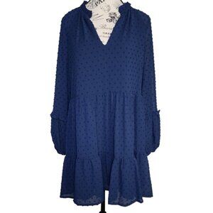 CeCe Women's Classic Navy Long-sleeve Polk-Dot Midi Dress NWT S